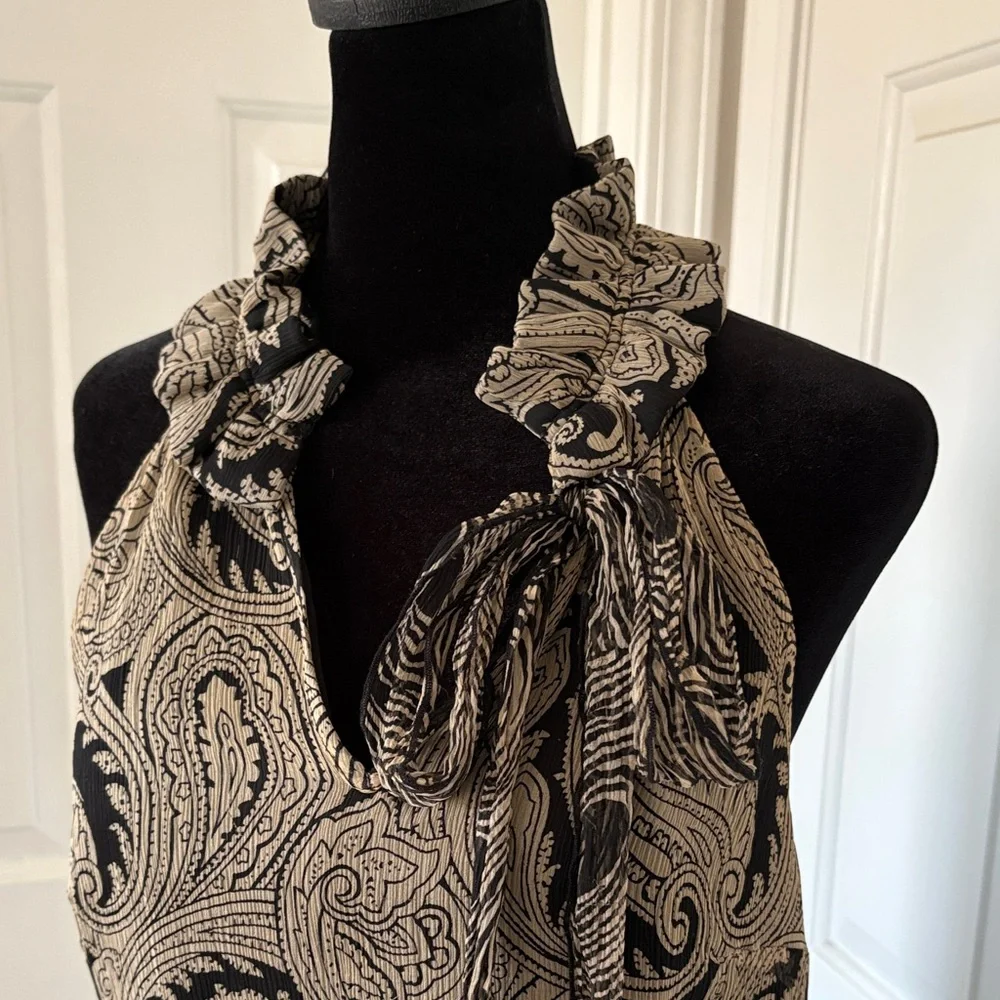Elena Solano Paisley Silk Chiffon Sleeveless Blouse With Smocked Waist